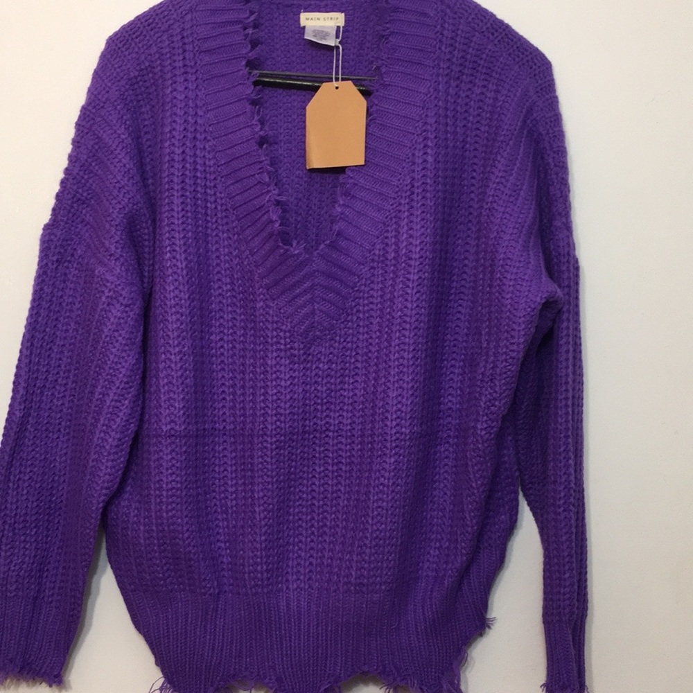 Main Strip Pullover Purple Fringed Sweater - Picture 1 of 4
